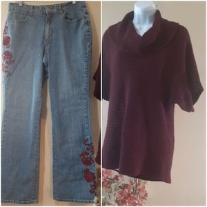 Plus Size Burgandy Metallic Sparkle Sweater  + Floral Embroidered Jeans